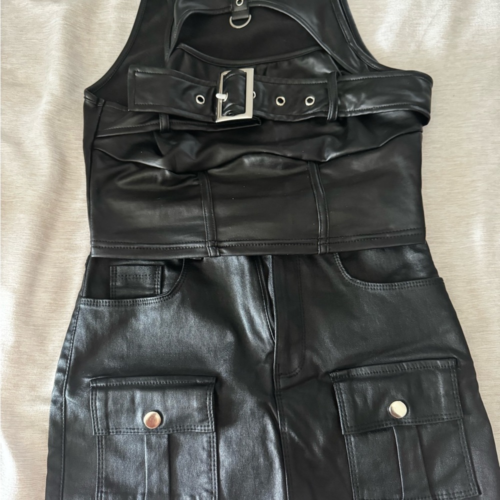 Faux Leather Black mini skirt and shirt with buckle-concert/goth